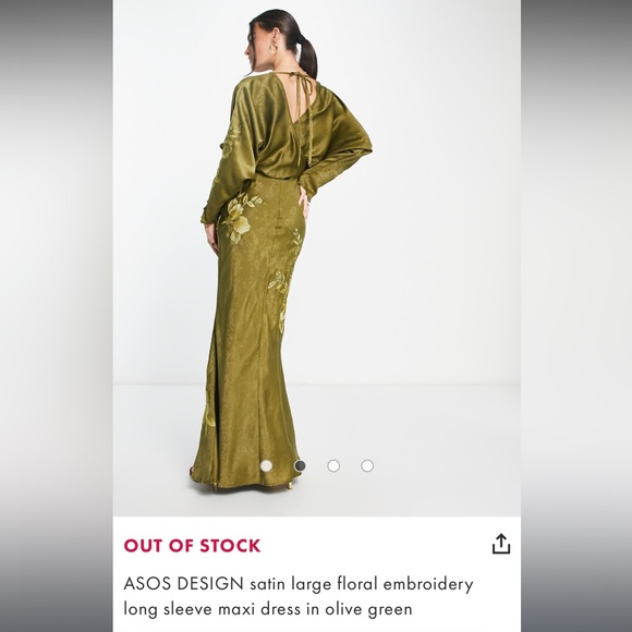 ASOS DESIGN // Olive Green Satin Large Floral Embroidery Long Sleeve Maxi Dress - Picture 3 of 3